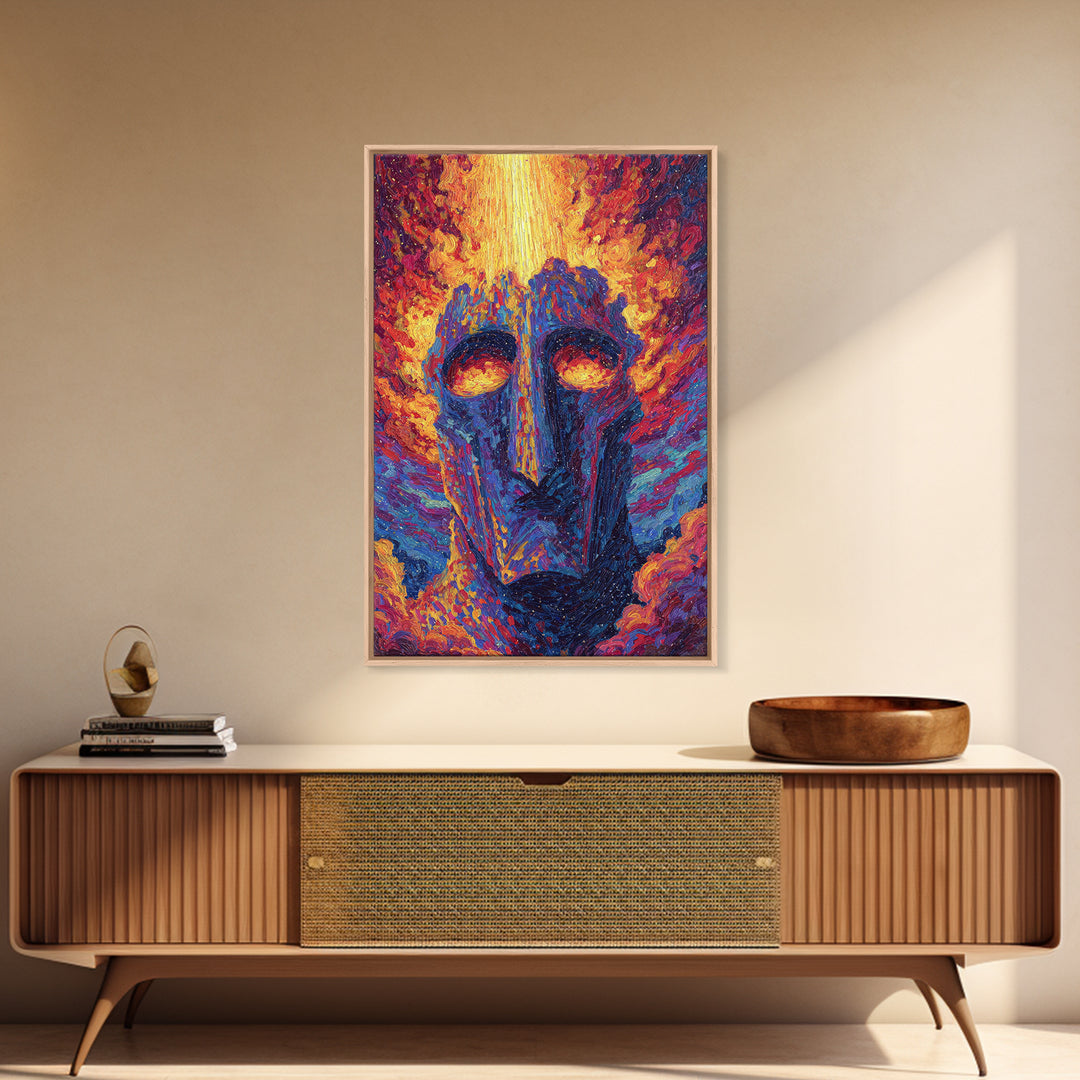 Fiery African Mask Canvas Print, Abstract Tribal Face Painting, Afrocentric Wall Decor, Modern Colorful African Art Gift