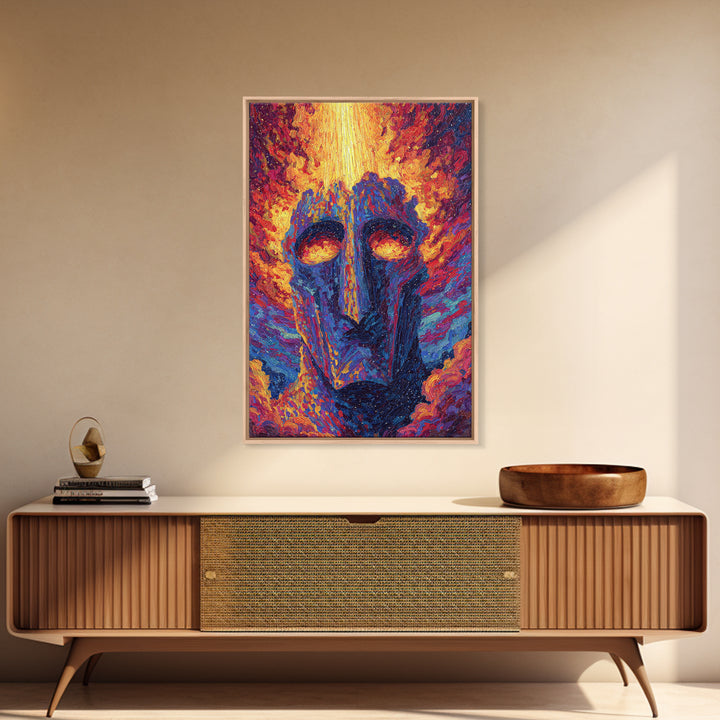 Fiery African Mask Canvas Print, Abstract Tribal Face Painting, Afrocentric Wall Decor, Modern Colorful African Art Gift