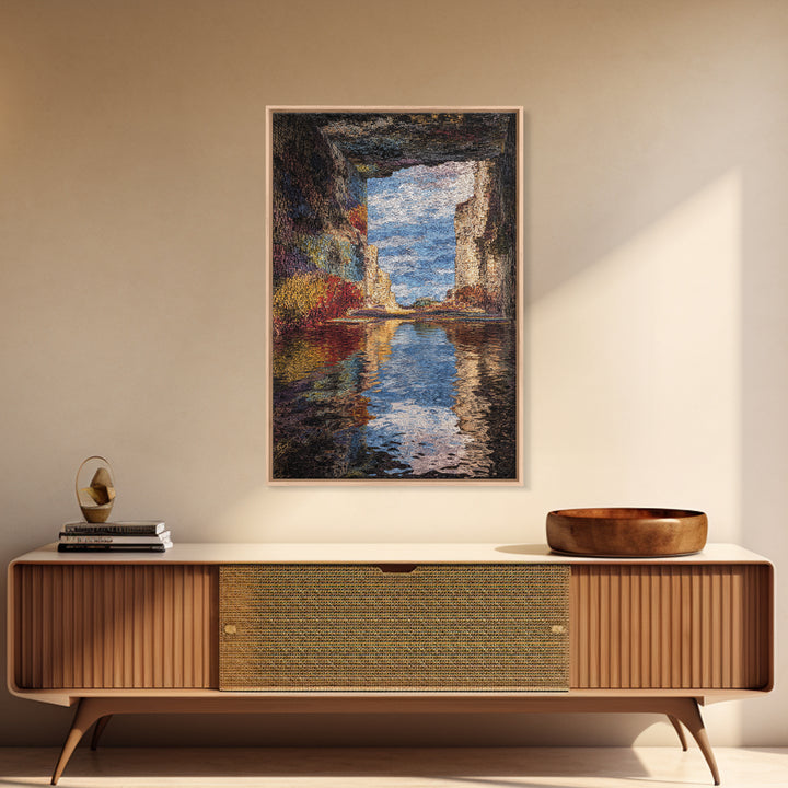 Ocean Cave Reflection Wall Art, Impressionist Seascape Painting, Coastal Landscape Canvas, Nature Scene Living Room Decor