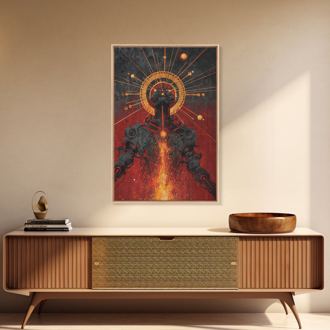 Black Android With Golden Halo Framed Canvas Print, Afrofuturism Wall Art, Red Fire Robot Portrait, Spiritual Decor Gift