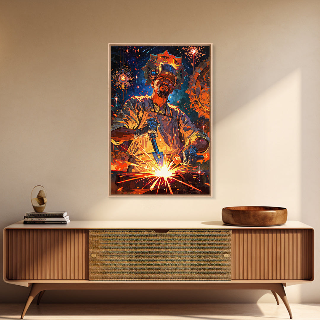 Regal Black Welder Forging Sparks Wall Art, Afrocentric Industrial Portrait, Black Man Art, Modern African Art Decor Gift