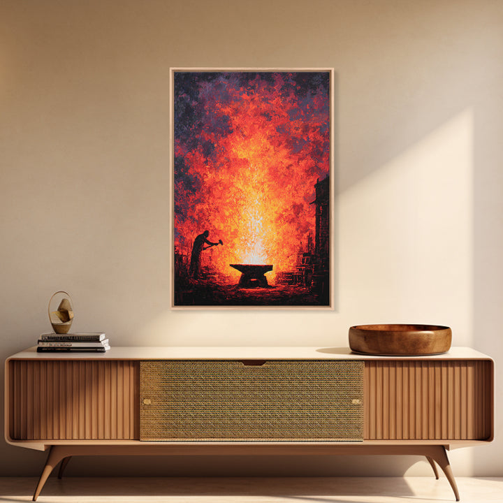 Lone Blacksmith Before Blazing Forge Wall Art, Fiery African Inspired Painting, Rustic Industrial Home Decor Gift For Him