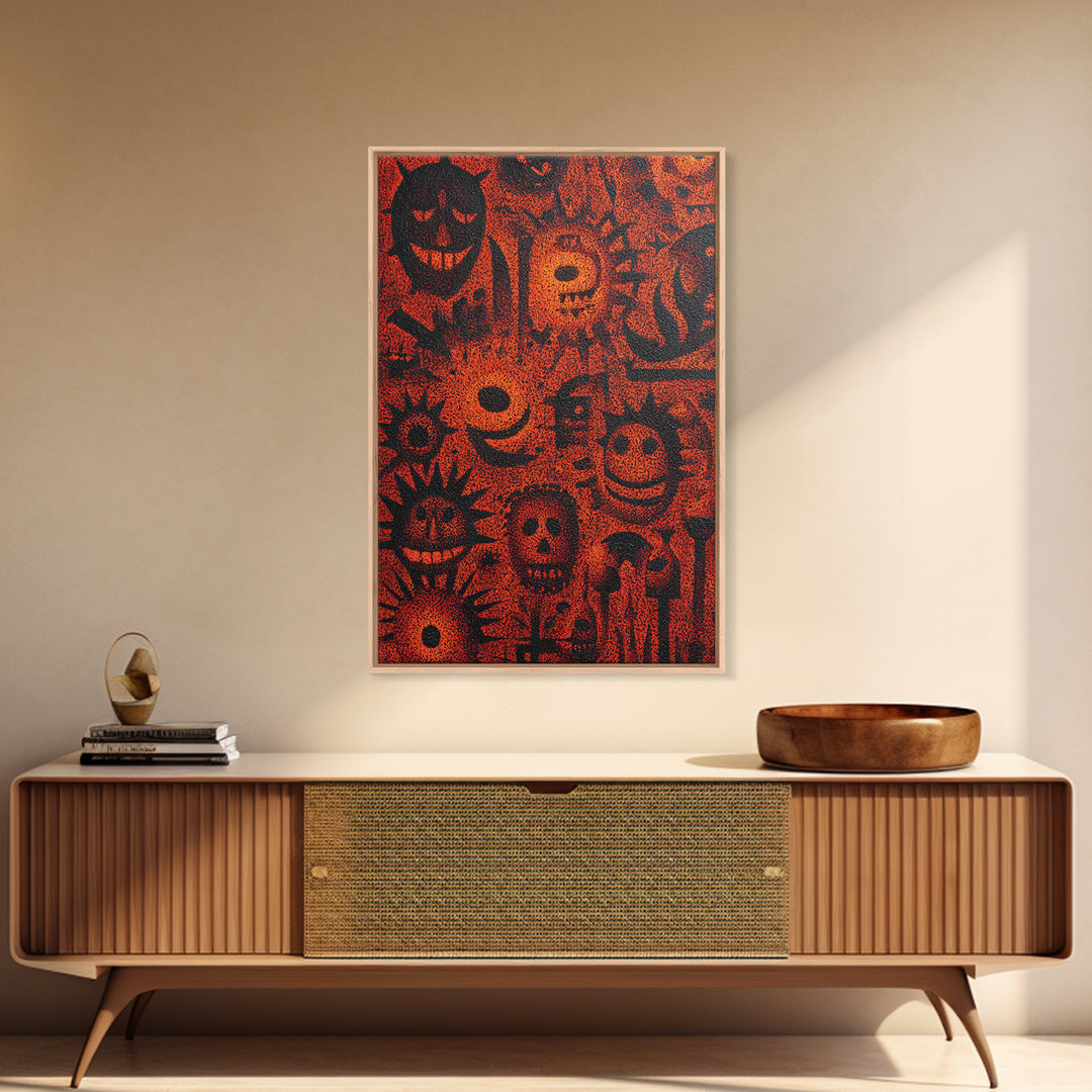 Orange African Mask Pattern Canvas Print, Tribal Symbols Abstract Wall Decor, Afrocentric Art, Cultural Home Decor Gift Idea