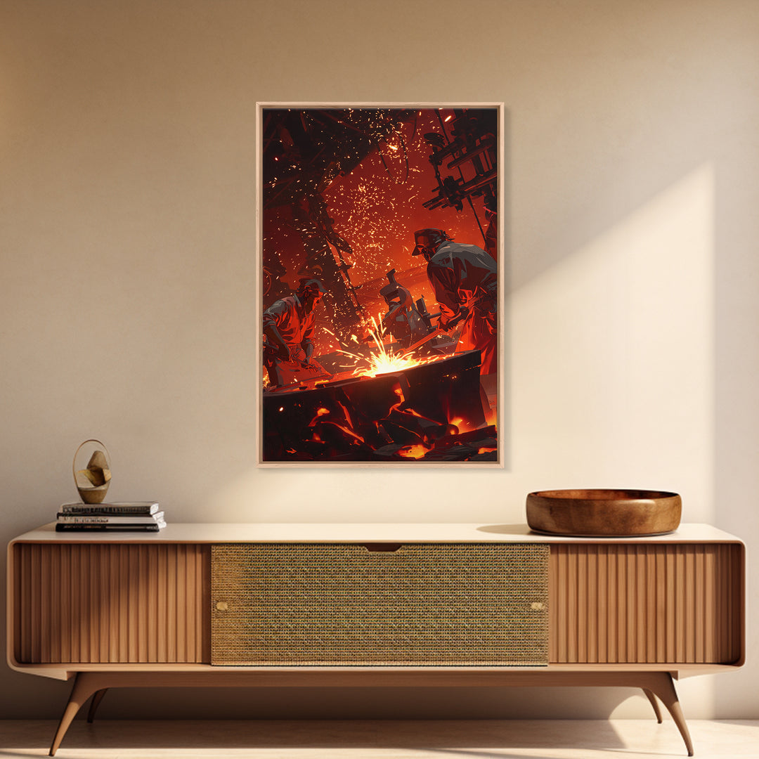 Two Foundry Workers Amid Sparks Framed Canvas Print, Fiery Industrial Wall Art, African Inspired Workshop Decor For Him Gift
