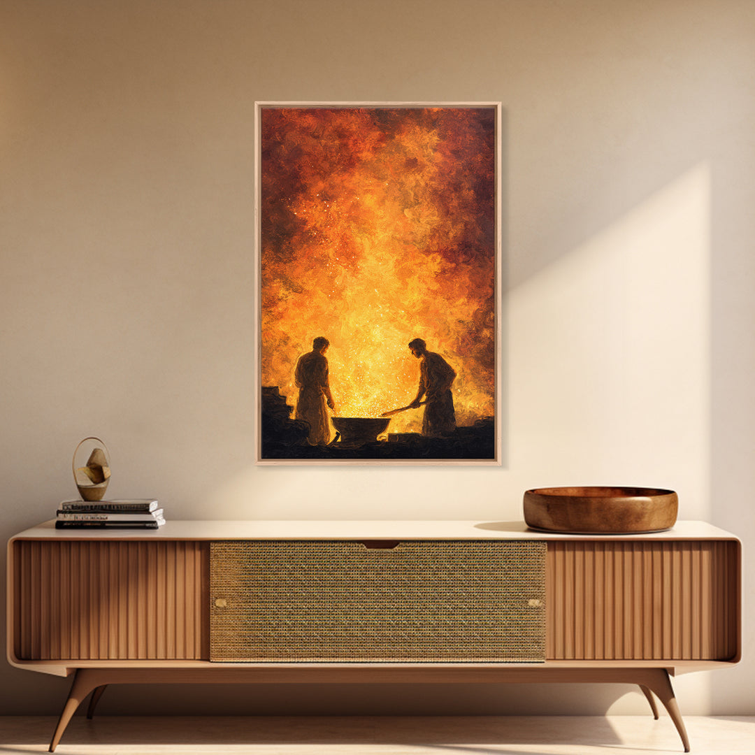 Two Blacksmiths Tending Glowing Forge Wall Art, Fiery African Inspired Painting, Rustic Workshop Home Decor Gift For Him