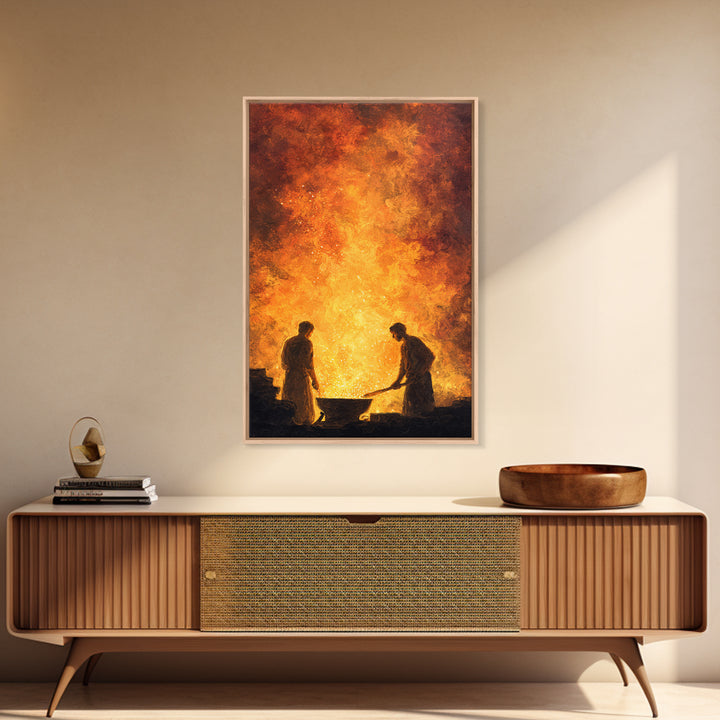 Two Blacksmiths Tending Glowing Forge Wall Art, Fiery African Inspired Painting, Rustic Workshop Home Decor Gift For Him
