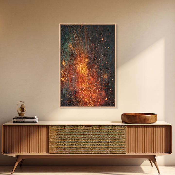 Abstract Fire Sparks Texture Canvas Print, Orange Black Industrial Wall Art, Modern Abstract Art, Unique Home Decor Gift