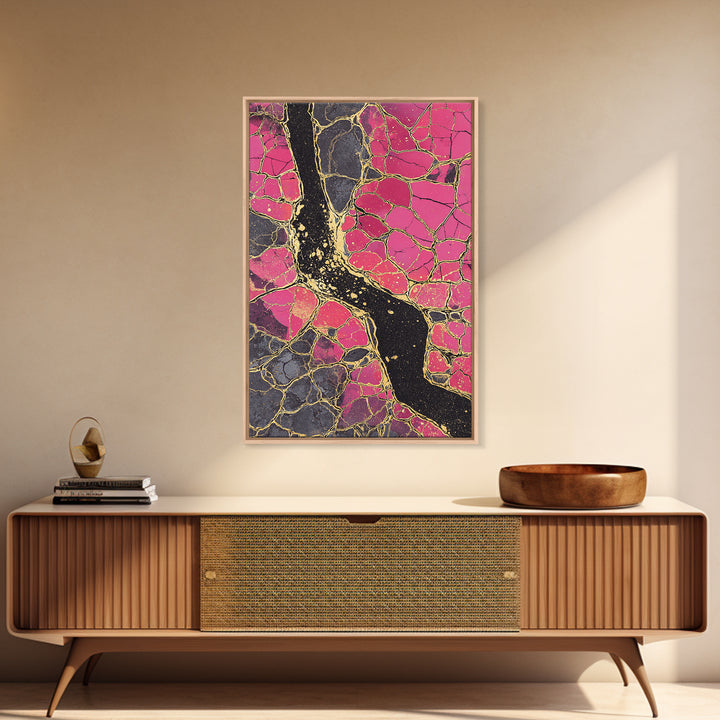 Pink Gold Kintsugi Abstract Wall Art, Cracked Stone Texture Painting, Modern Geometric Decor, Bold Contemporary Canvas Print