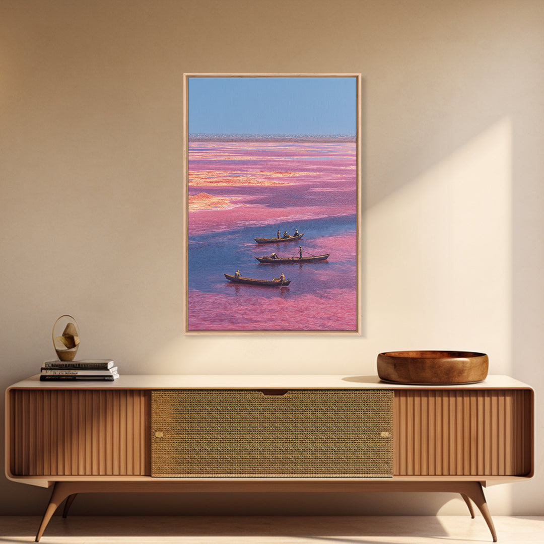 Pink Lake Boats African Landscape Wall Art, Senegal Salt Flats Canvas Print, Travel Decor, Serene Coastal Unique Artwork Gift