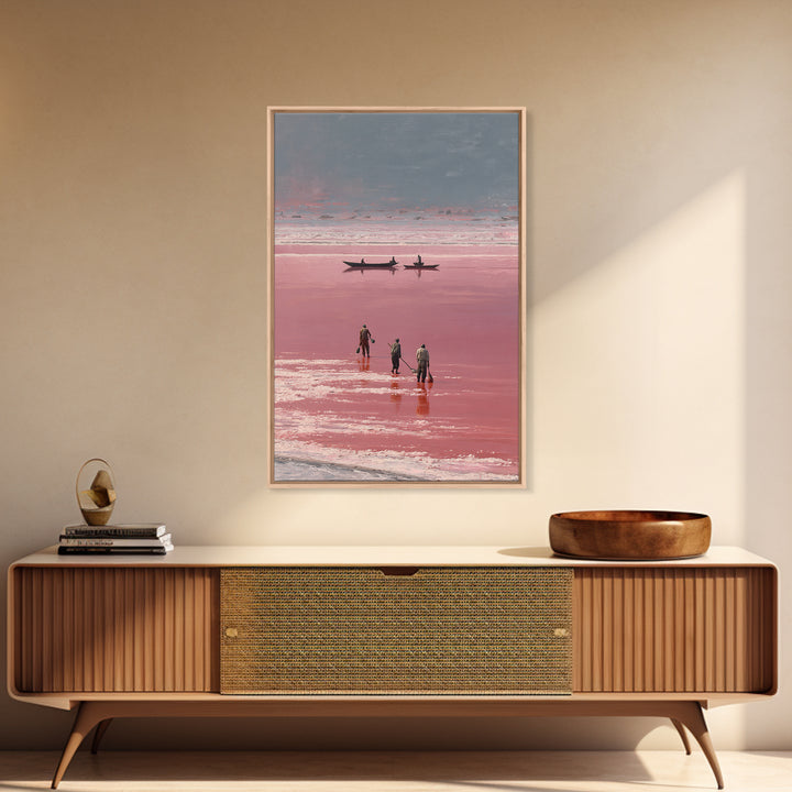 Rose Salt Lake Workers Canvas Print, African Landscape Wall Art, Pink Water Boats, Travel Poster, Serene Home Decor Gift