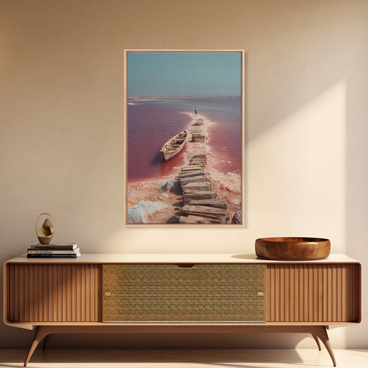 Wooden Path Through Pink Salt Lake Wall Art, African Landscape Canvas Print, Boat Travel Decor, Minimalist Coastal Art Gift