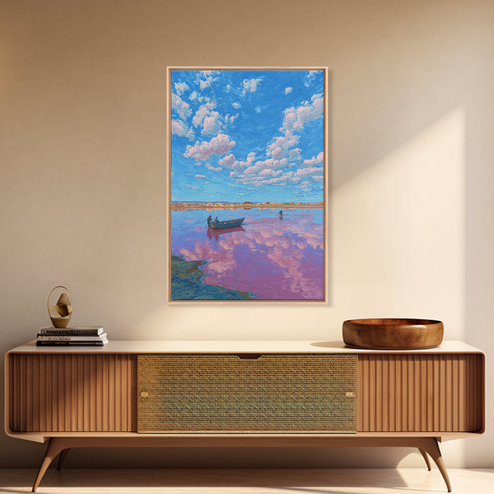 Blue Sky Pink Lake Canvas Print, African Landscape Wall Art, Boat Scene Travel Poster, Dreamy Nature Decor For Living Room