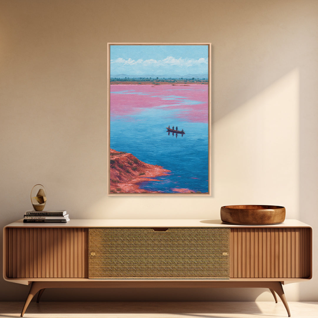 Pink Salt Lake Fishermen Boat Wall Art, African Landscape Canvas Decor, Afrocentric Travel Print, Vibrant Living Room Artwork