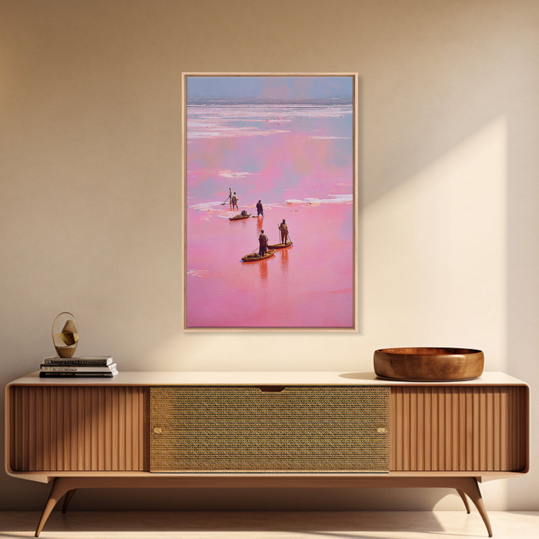 Rose Pink Salt Flats Canoes Canvas Print, African Fishermen Wall Decor, Pastel Safari Art Poster, Unique Home Decor Gift