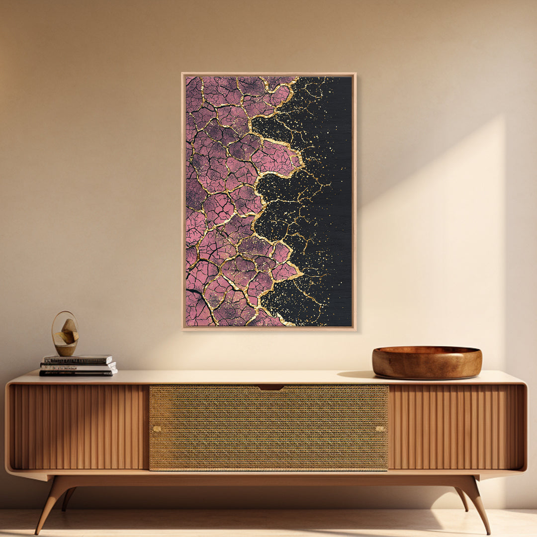 Cracked Pink Black Gold Abstract Wall Art, African Inspired Geometric Texture Print, Luxury Canvas Decor For Modern Home