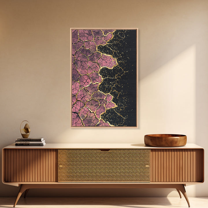 Cracked Pink Black Gold Abstract Wall Art, African Inspired Geometric Texture Print, Luxury Canvas Decor For Modern Home