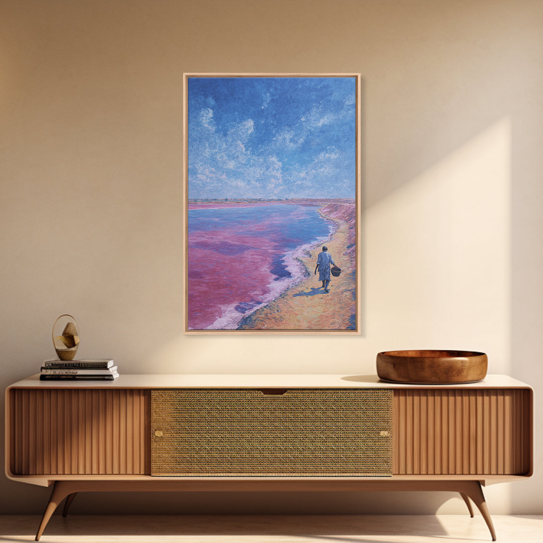 Lone Walker On Pink Shore Framed Canvas Print, African Landscape Wall Decor, Dreamy Lake Painting, Unique Travel Art Gift