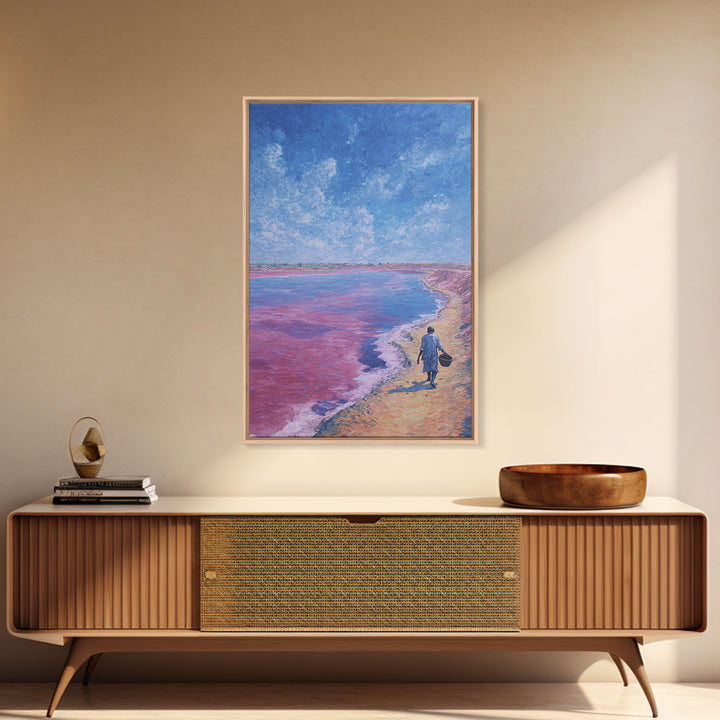 Lone Walker On Pink Shore Framed Canvas Print, African Landscape Wall Decor, Dreamy Lake Painting, Unique Travel Art Gift