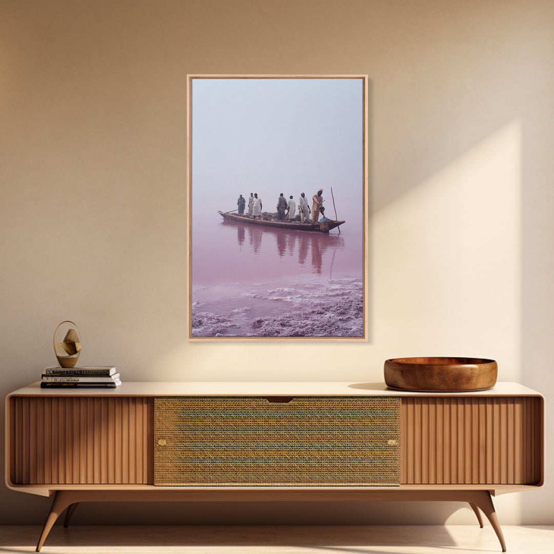 Misty Pink Lake Boat Canvas Print, African Fishermen Wall Art Decor, Minimalist Pastel Landscape, Serene Living Room Art