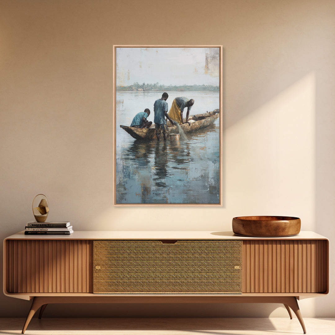 Fishermen Washing Nets By Canoe Wall Art, African Painting Canvas Decor, Cultural River Scene, Rustic Living Room Home Decor Gift