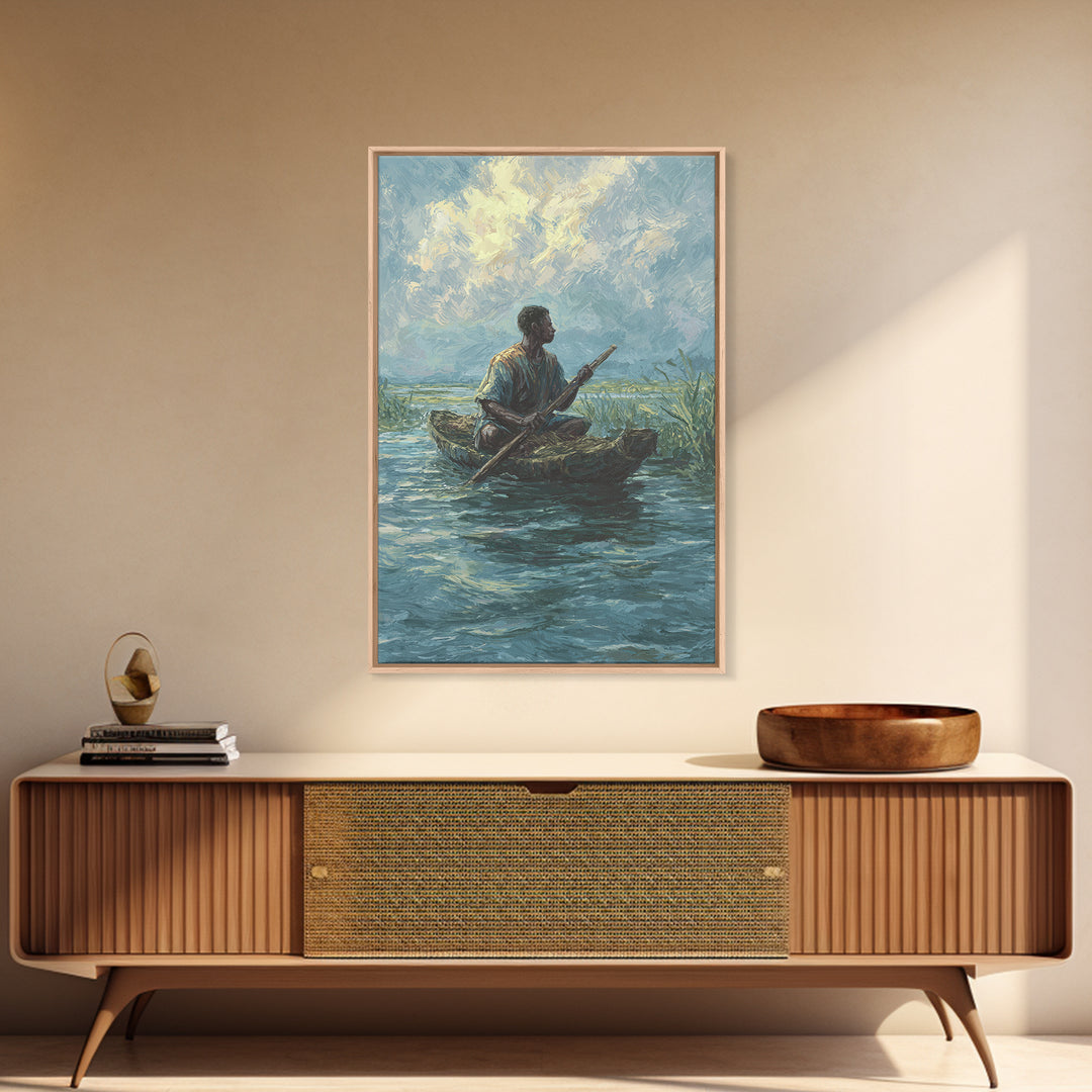 Solitary Canoe Fisherman Under Clouds Wall Art, African Landscape Print, Blue Green Nature Scene, Peaceful Canvas Home Decor