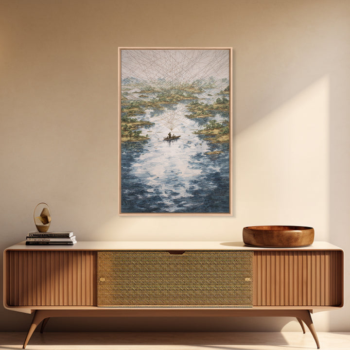 River Delta Boat And Map Lines Framed Canvas Print, African Landscape Wall Decor, Geometric Travel Art, Statement Home Decor