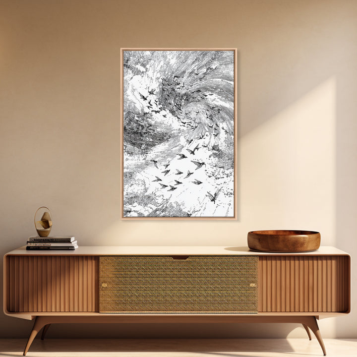 Black And White Bird Flock Storm Wall Art, Abstract African Inspired Nature Sketch, Minimalist Canvas Decor, Modern Office Gift