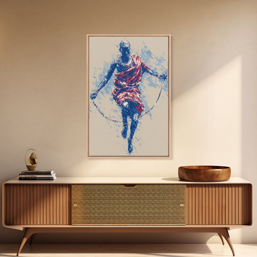 Maasai Warrior Jump Rope Dance Wall Art, African Tribal Art Print, Red Blue Athletic Portrait, Cultural Home Decor Gift For Him