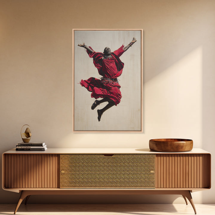 Joyful Maasai Dancer Leaping In Red Framed Canvas Print, African Warrior Art, Cultural Portrait, Bold Living Room Decor Gift