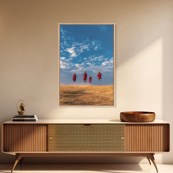 Four Maasai Warriors Jumping Over Savanna Wall Art, African Safari Art Print, Blue Sky Landscape, Cultural Home Decor Gift