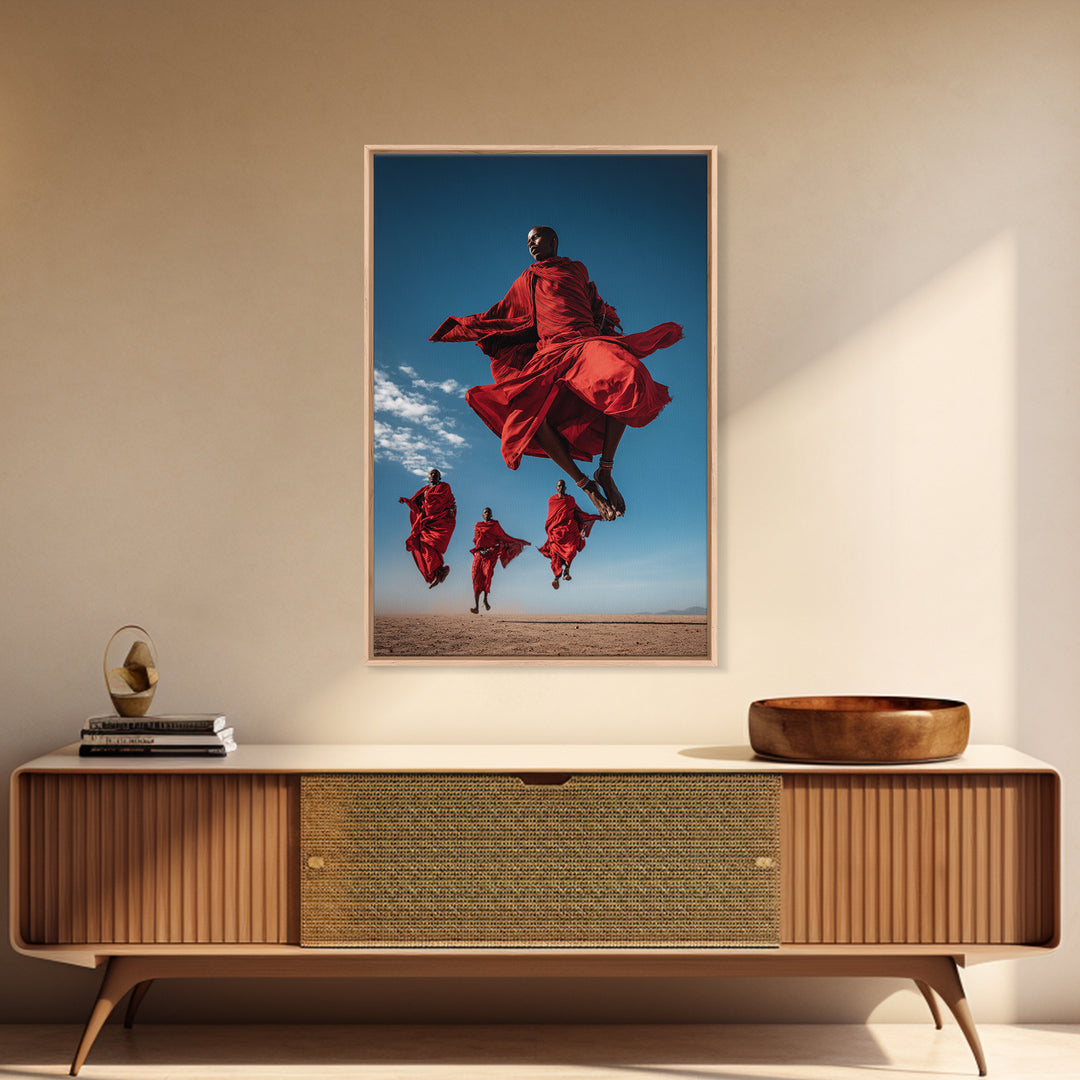 Maasai Warriors Jumping Framed Canvas Print, African Wall Art, Red Robe Tribal Decor, Safari Photography For Home Wall Decor