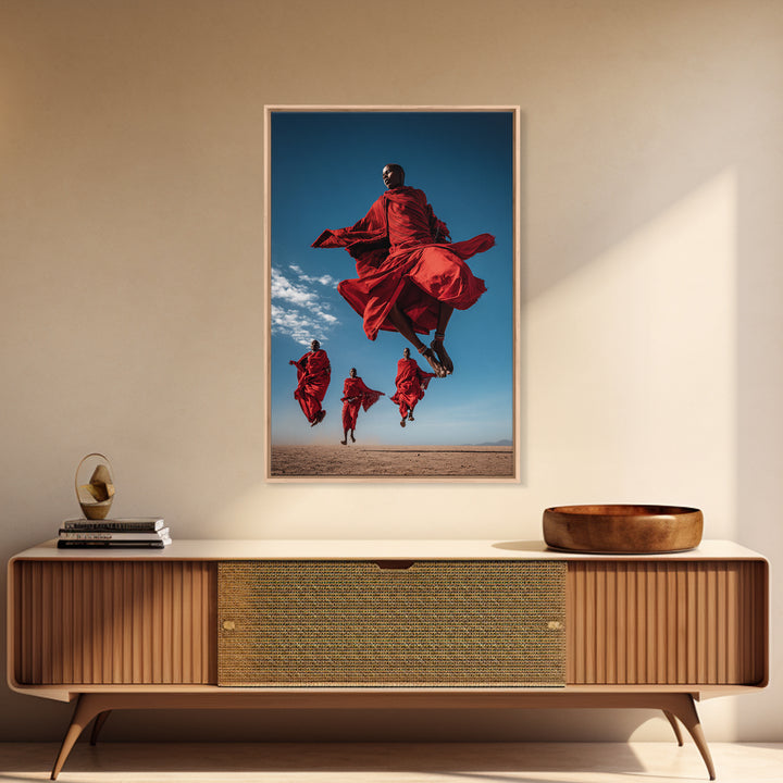 Maasai Warriors Jumping Framed Canvas Print, African Wall Art, Red Robe Tribal Decor, Safari Photography For Home Wall Decor