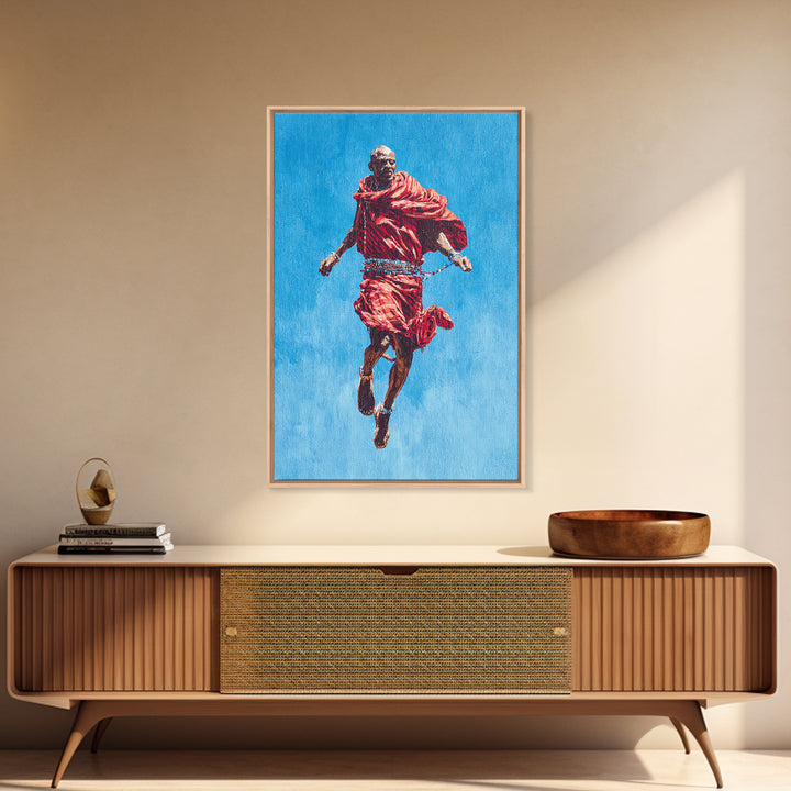 Painted Maasai Warrior Jump Wall Art, African Acrylic Art, Red Robe Tribal Portrait, Afrocentric Canvas Print Decor Gift
