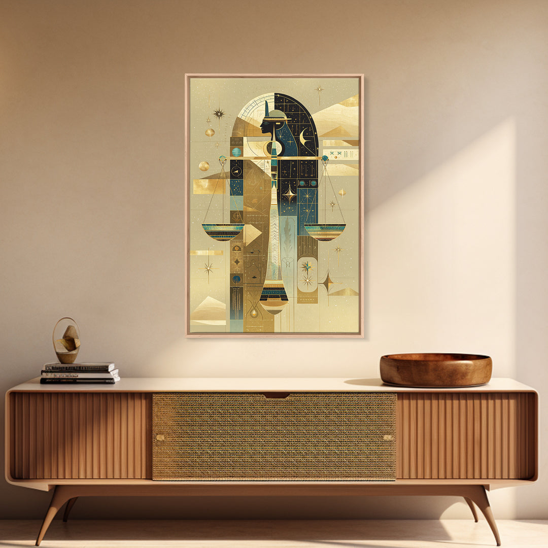 Anubis And Scales Framed Canvas Print, African Egyptian Art, Gold Black Wall Art, Mystical Spiritual Home Decor Gift For Her