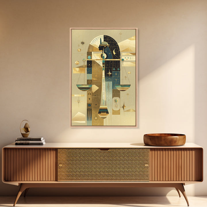 Anubis And Scales Framed Canvas Print, African Egyptian Art, Gold Black Wall Art, Mystical Spiritual Home Decor Gift For Her
