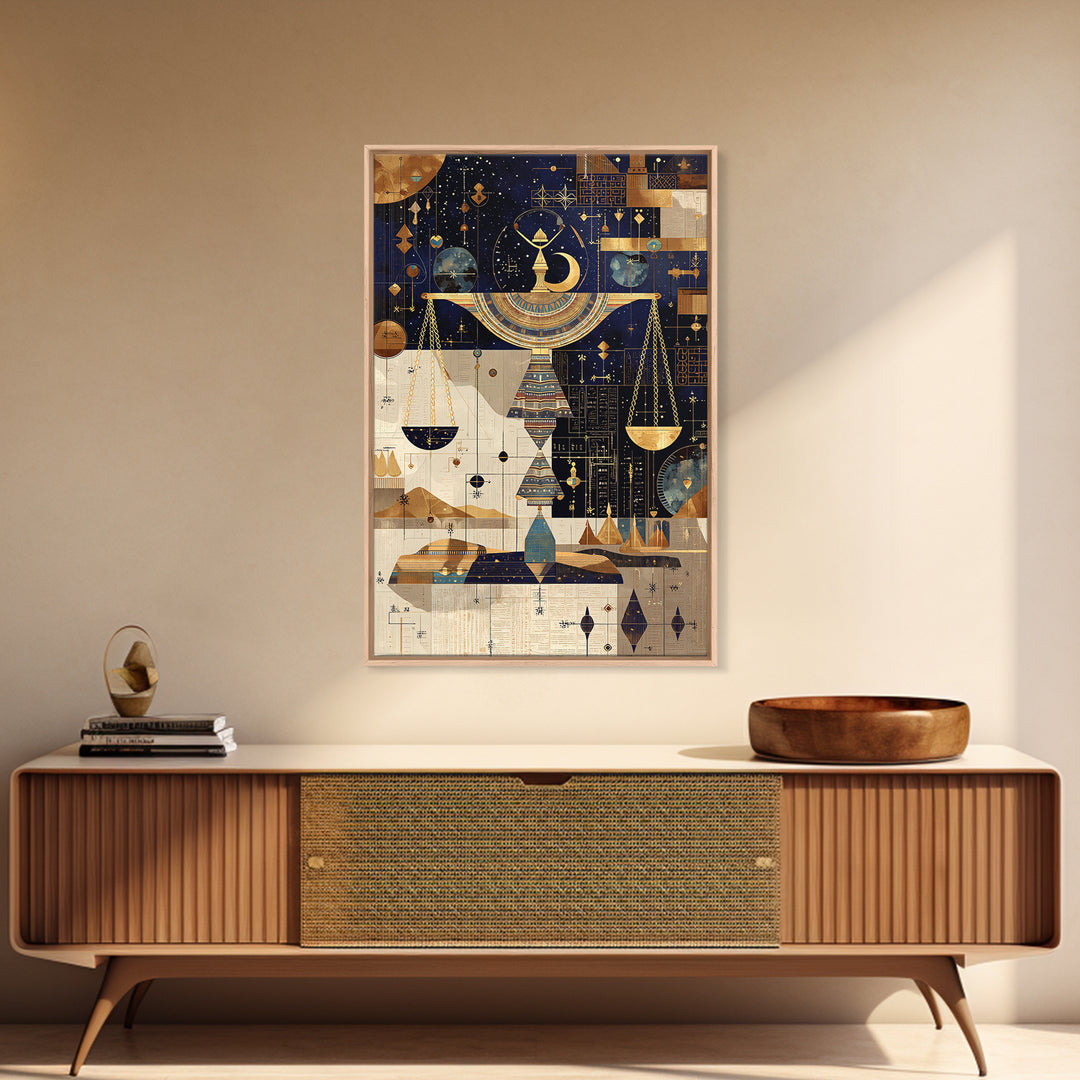 Celestial Egyptian Scales Wall Art, African Egyptian Art, Gold Black Mystical Canvas Print, Spiritual Home Decor Gift Idea