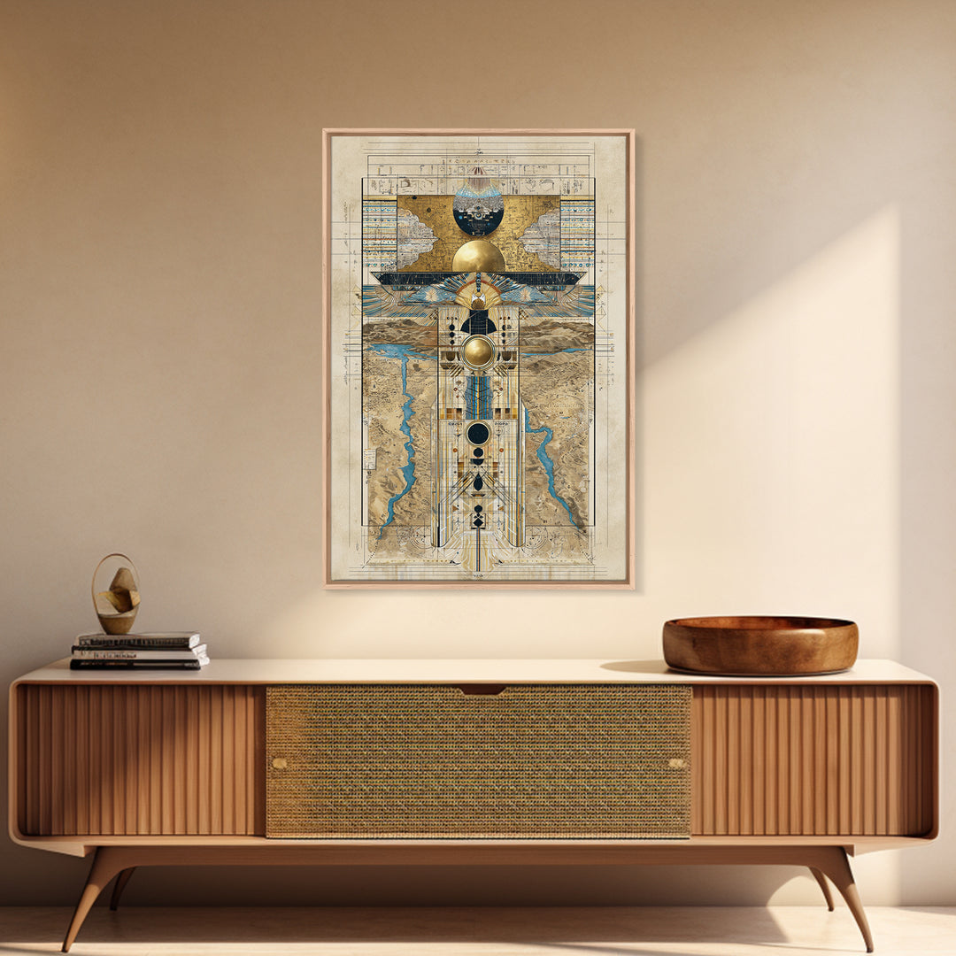 Egyptian Sacred Geometry Totem Canvas Print, African Egyptian Wall Art, Gold Blue Map Decor, Mystical Ancestral Poster Print