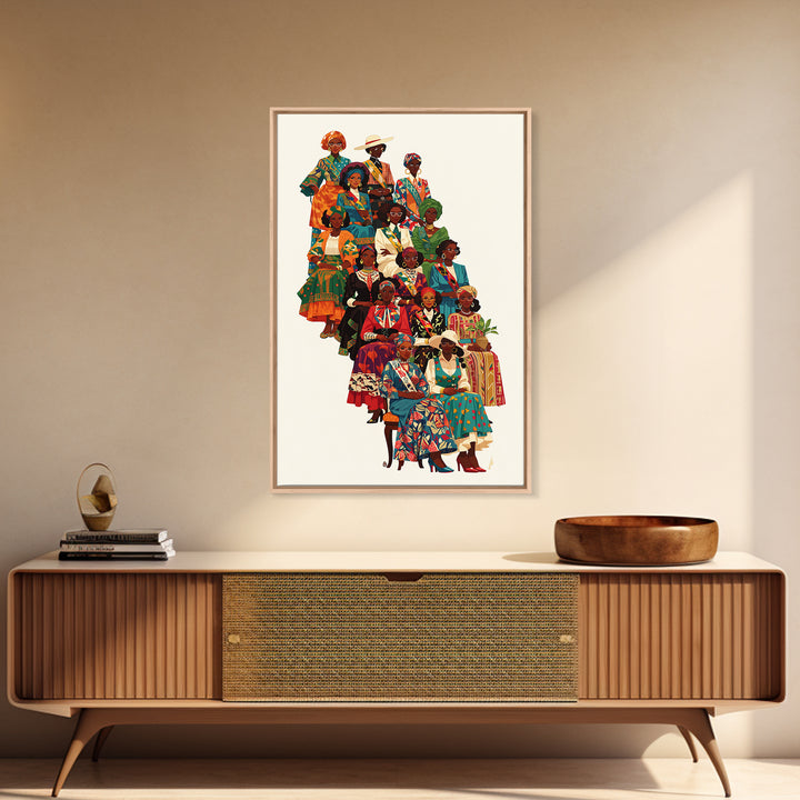 Elegant African Women Fashion Ensemble Framed Canvas Print, Ankara Wall Art, Black Queens Decor, Afrocentric Statement Gift
