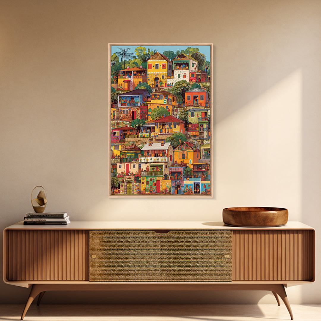 Colorful African Hillside Village Wall Art, Urban Home Scene Print, Tropical Architecture Decor, Vibrant Cultural Canvas