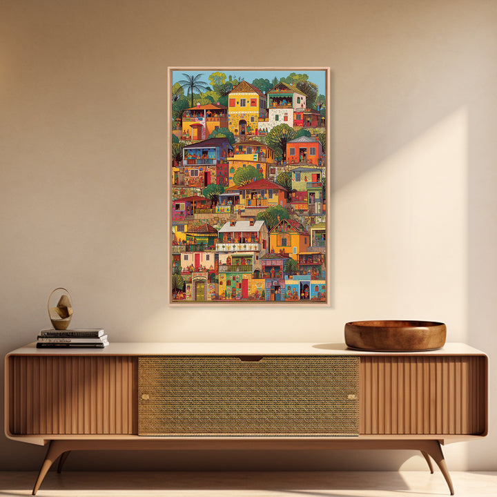 Colorful African Hillside Village Wall Art, Urban Home Scene Print, Tropical Architecture Decor, Vibrant Cultural Canvas