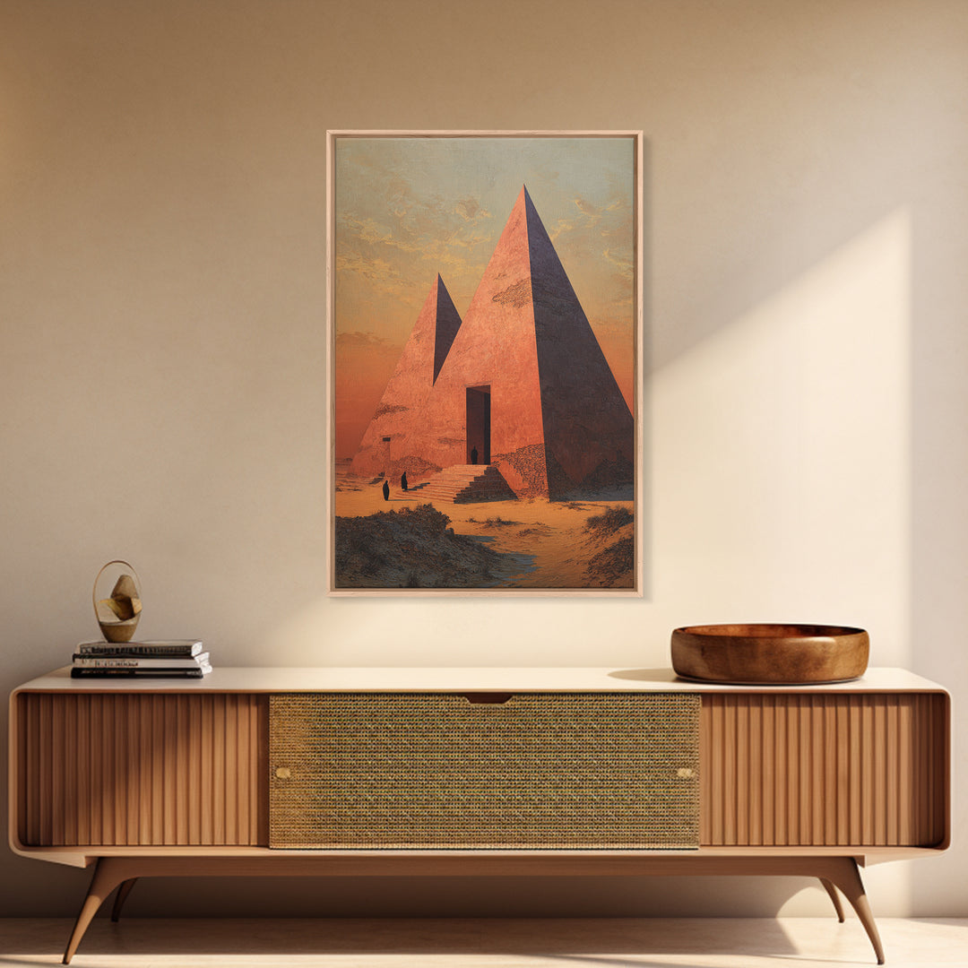 Sunset Egyptian Pyramids Framed Canvas Print, Ancient African Art, Desert Landscape Wall Decor, Cultural Home Decor Gift