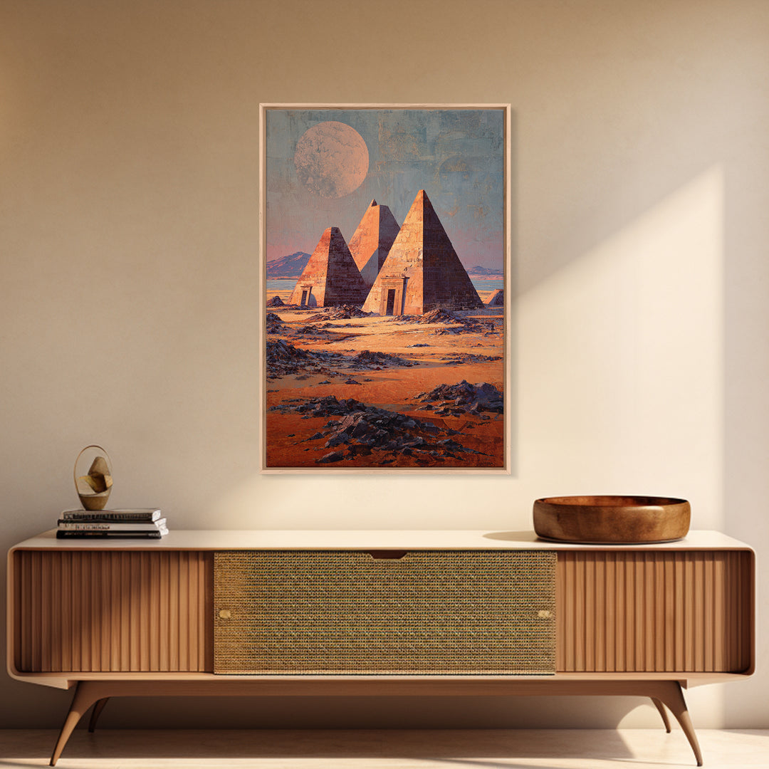 Moonlit Nubian Pyramids Framed Canvas Print, African Egyptian Art, Mystical Desert Wall Decor, Cultural Artwork, Home Decor Gift