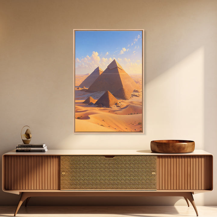 Golden Giza Pyramids In Desert Dunes Framed Canvas Print, African Egyptian Art, Ancient African Wall Decor Gift, Travel Poster