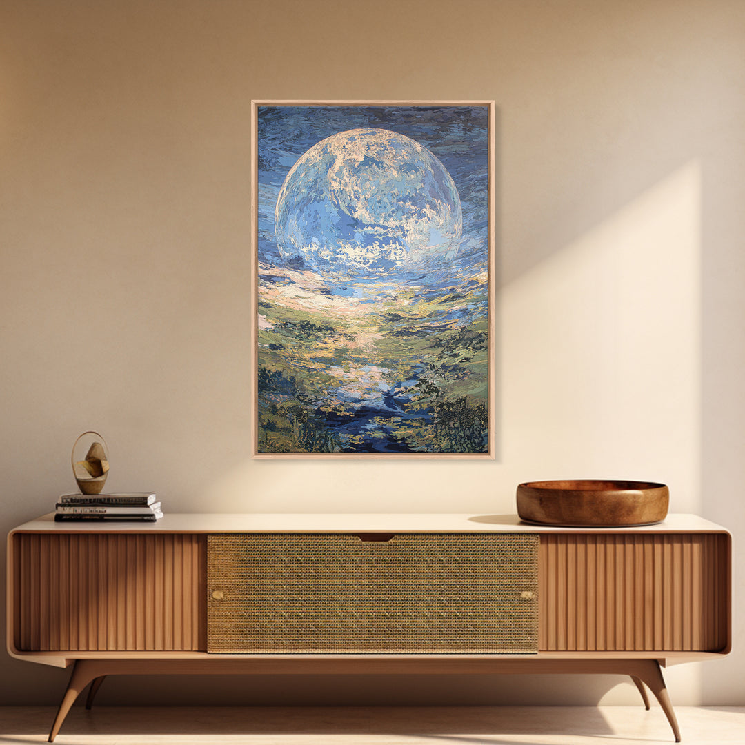Dreamy Blue Moon Over Ocean Canvas Print, Abstract Landscape Wall Art, Modern Art Poster, Nature Scene Art, Large Decor Gift