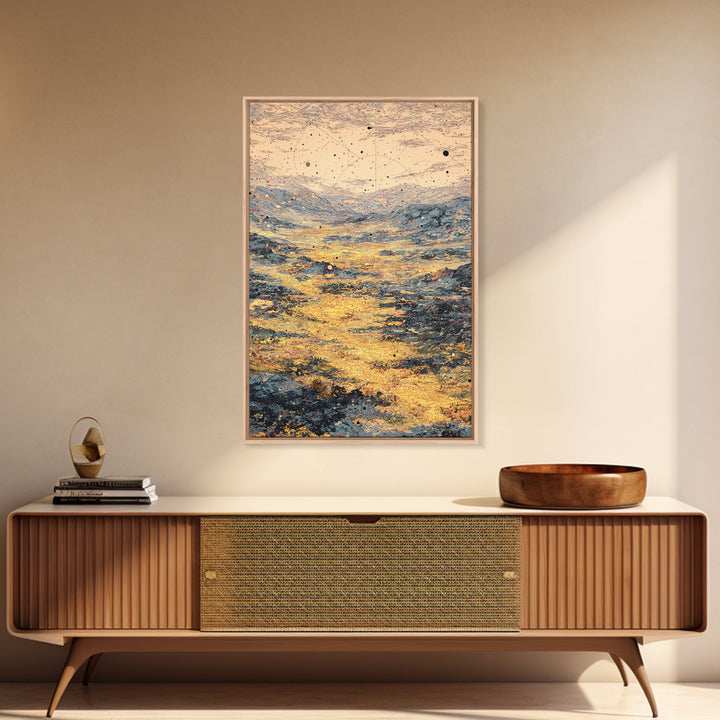 Golden Celestial Valley Framed Canvas Print, Dreamy Wall Art, Abstract Landscape, Spiritual Wall Decor, Modern Art Poster Gift