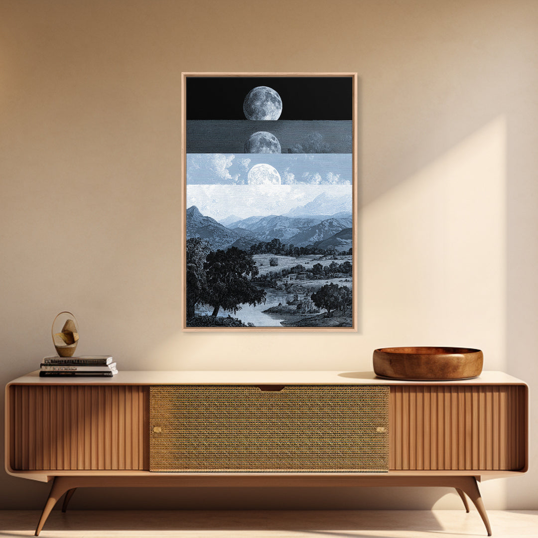 Black And White Moonrise Mountain Wall Art, Large Landscape Canvas Print, Minimalist Art, Modern Wall Decor, Blue Nature Scene Art Gift