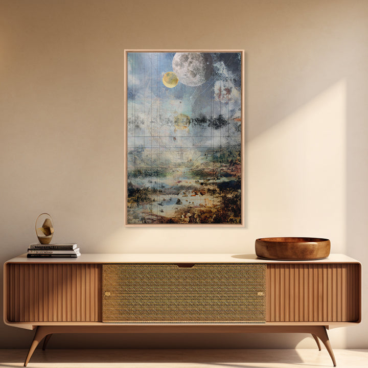Surreal Lunar Seascape With Pale Moons And Fine Line Geometry Wall Art, Dreamy Abstract Landscape, Modern Blue Home Decor