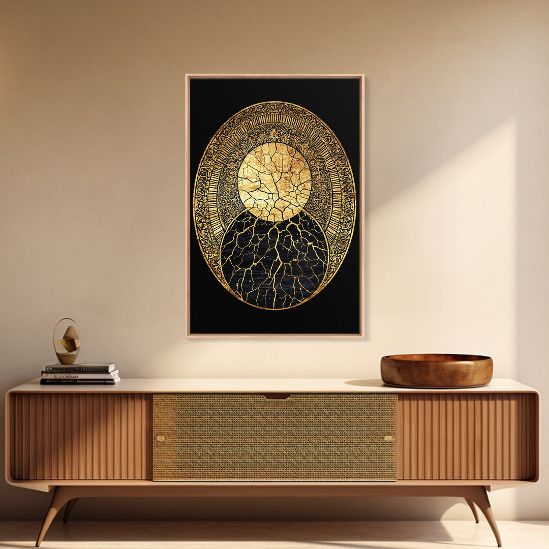 Gold Kintsugi Sun Moon Oval On Black Canvas Print, Spiritual Geometric Art, Luxury Abstract Decor, Mystical Celestial Gift