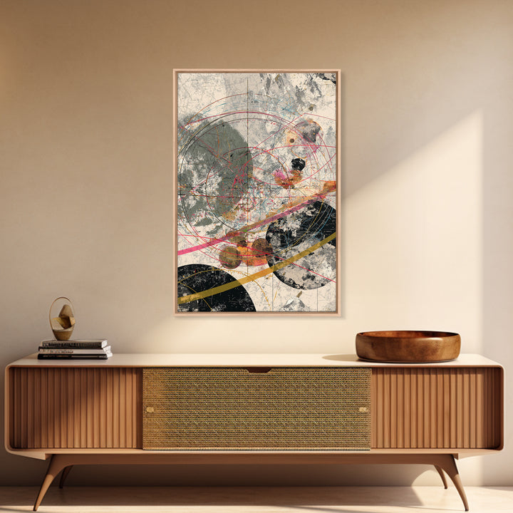 Orbit Circles With Red Lines And Gray Texture Framed Canvas Print, Abstract Geometric Wall Decor, Modern Office Art Gift