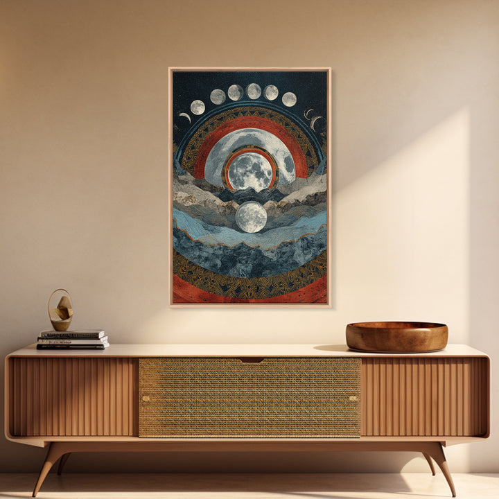 Moon Phase Mountain Mandala With Red Arcs Canvas Print, Spiritual Landscape Wall Decor, Mystical Meditation Home Art Gift